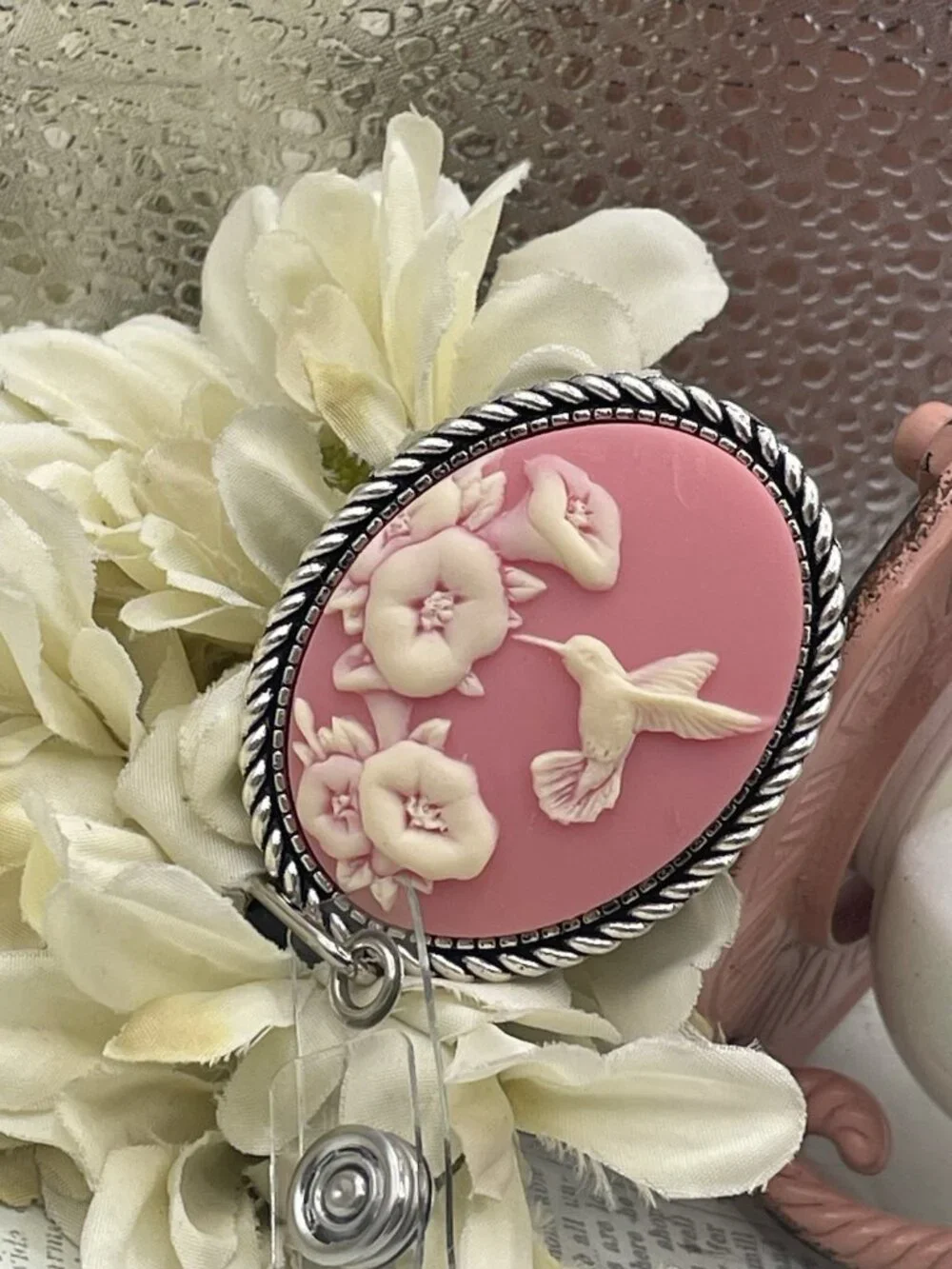 Romantic Pink Hummingbird Lanyard Cameo Retractable Reel ID Card Badge Holder